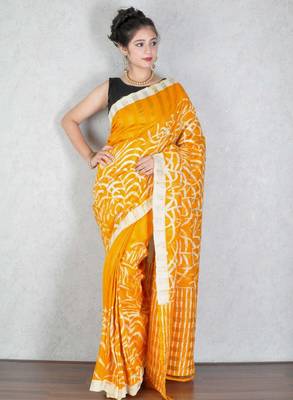 Yellow printed silk saree with blouse 1