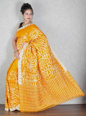 Yellow printed silk saree with blouse 2