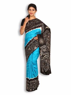 Blue printed silk saree with blouse 1