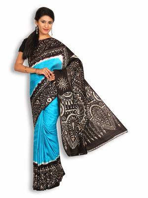 Blue printed silk saree with blouse 2