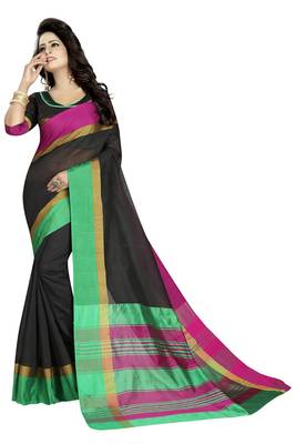 Black printed cotton silk saree with blouse 1
