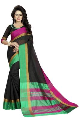 Black printed cotton silk saree with blouse 2