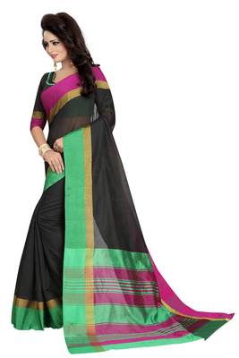 Black printed cotton silk saree with blouse 3