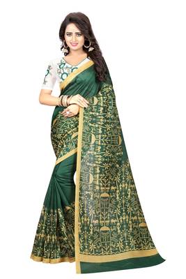 Green printed cotton silk saree with blouse 1
