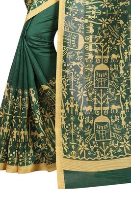 Green printed cotton silk saree with blouse 5