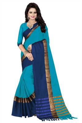 Blue printed cotton silk saree with blouse 1