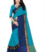 Blue printed cotton silk saree with blouse