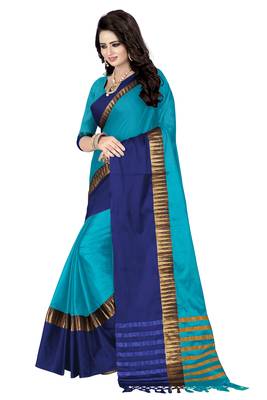 Blue printed cotton silk saree with blouse 2