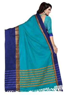 Blue printed cotton silk saree with blouse 3