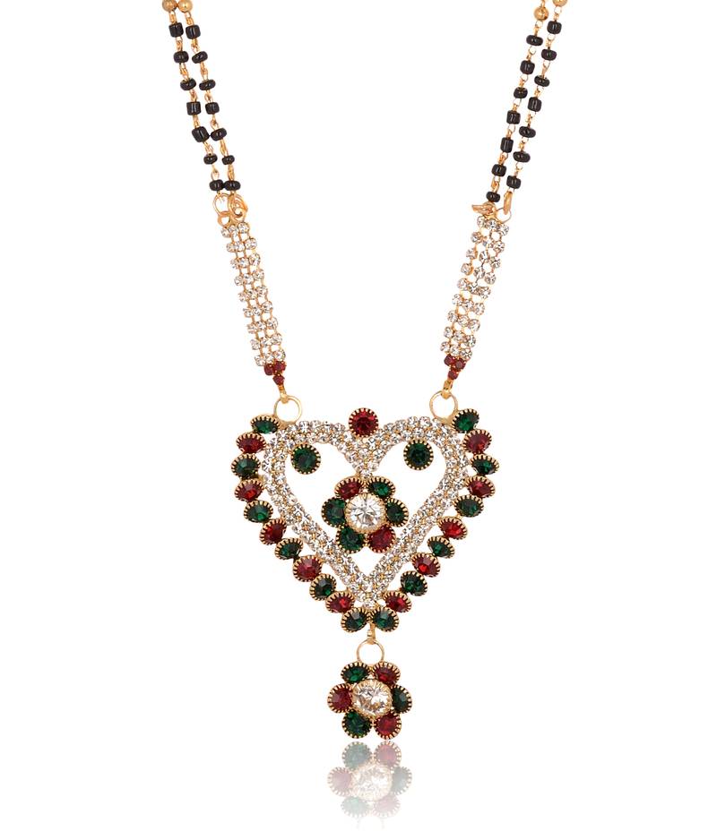 Heart and floral motif maroon - green stone studded magalsutra
