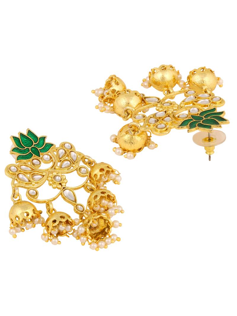 The Jewelbox Lotus Floral Statement 18K Gold Plated Green Enamel Kundan Chandelier Jhumki Earring Girl Women