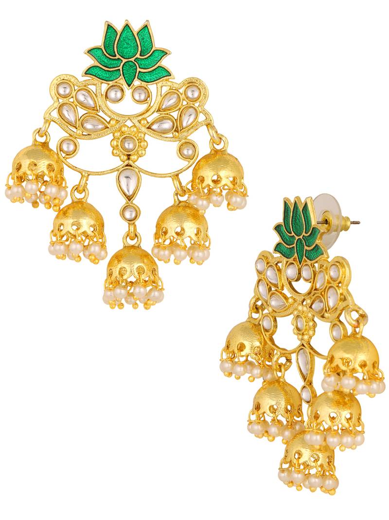 The Jewelbox Lotus Floral Statement 18K Gold Plated Green Enamel Kundan Chandelier Jhumki Earring Girl Women