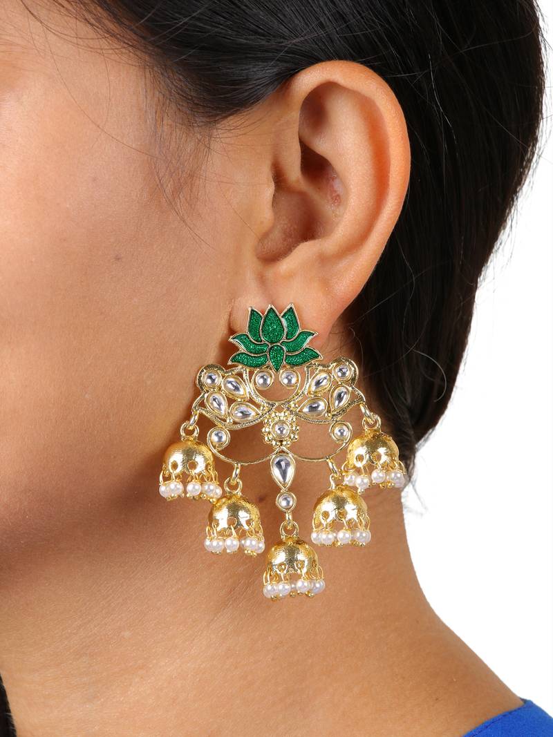 The Jewelbox Lotus Floral Statement 18K Gold Plated Green Enamel Kundan Chandelier Jhumki Earring Girl Women