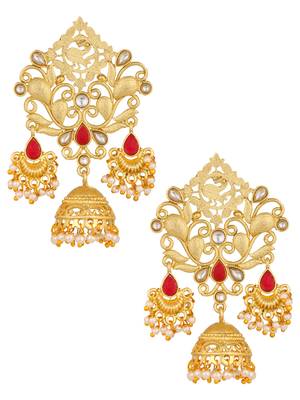 The Jewelbox Bollywood Filigree 18K Gold Plated Red Ruby Kundan Pearl Chandelier Jhumki Earring Girl Women 1