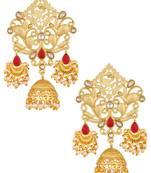 The Jewelbox Bollywood Filigree 18K Gold Plated Red Ruby Kundan Pearl Chandelier Jhumki Earring Girl Women