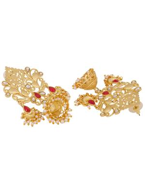 The Jewelbox Bollywood Filigree 18K Gold Plated Red Ruby Kundan Pearl Chandelier Jhumki Earring Girl Women 2