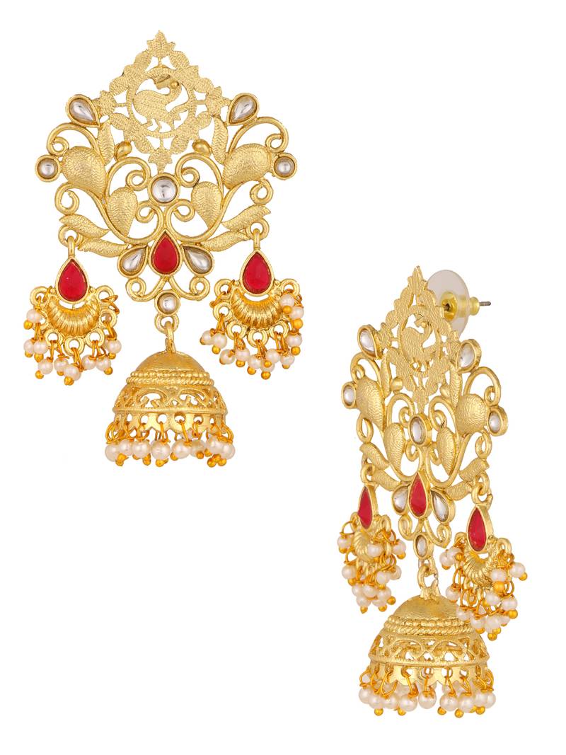 The Jewelbox Bollywood Filigree 18K Gold Plated Red Ruby Kundan Pearl Chandelier Jhumki Earring Girl Women
