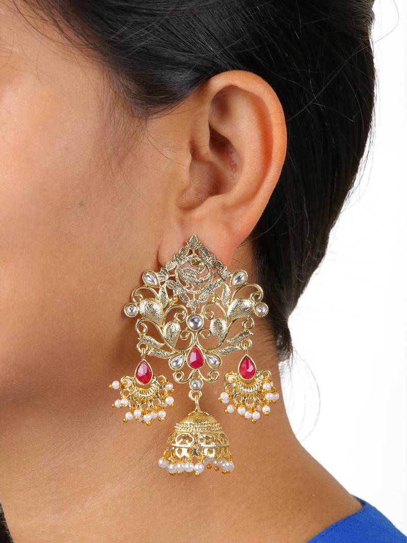 The Jewelbox Bollywood Filigree 18K Gold Plated Red Ruby Kundan Pearl Chandelier Jhumki Earring Girl Women