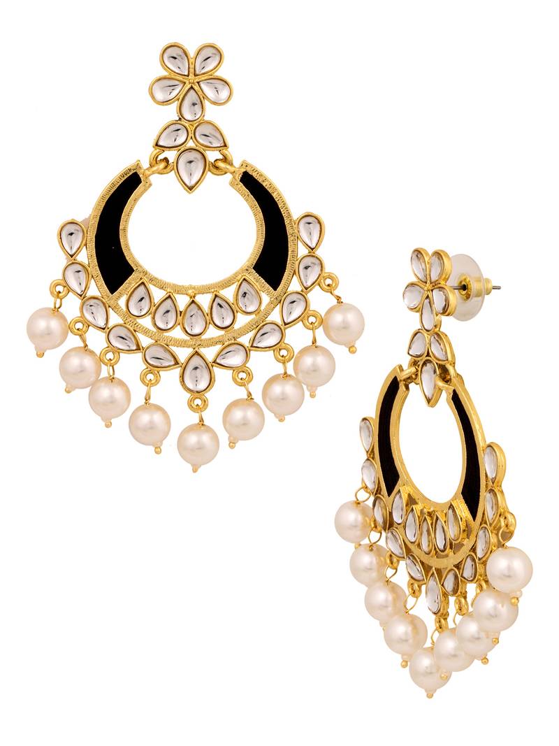 Classic Filigree Floral Chaand Bali 18K Gold Plated Black Enamel Kundan Pearl Earring Girl Women