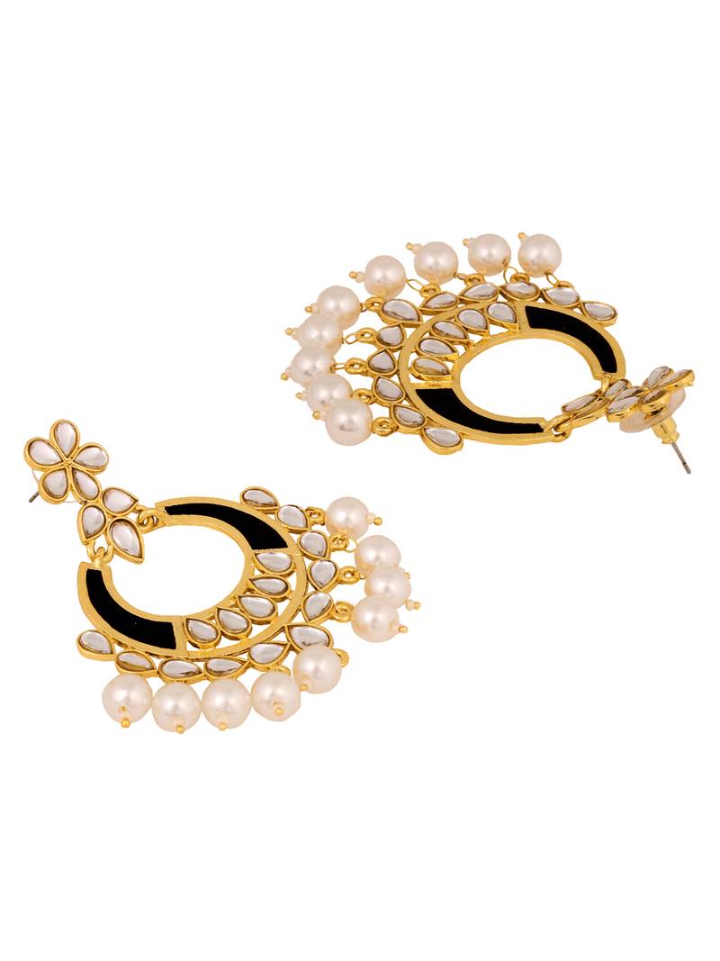 Classic Filigree Floral Chaand Bali 18K Gold Plated Black Enamel Kundan Pearl Earring Girl Women