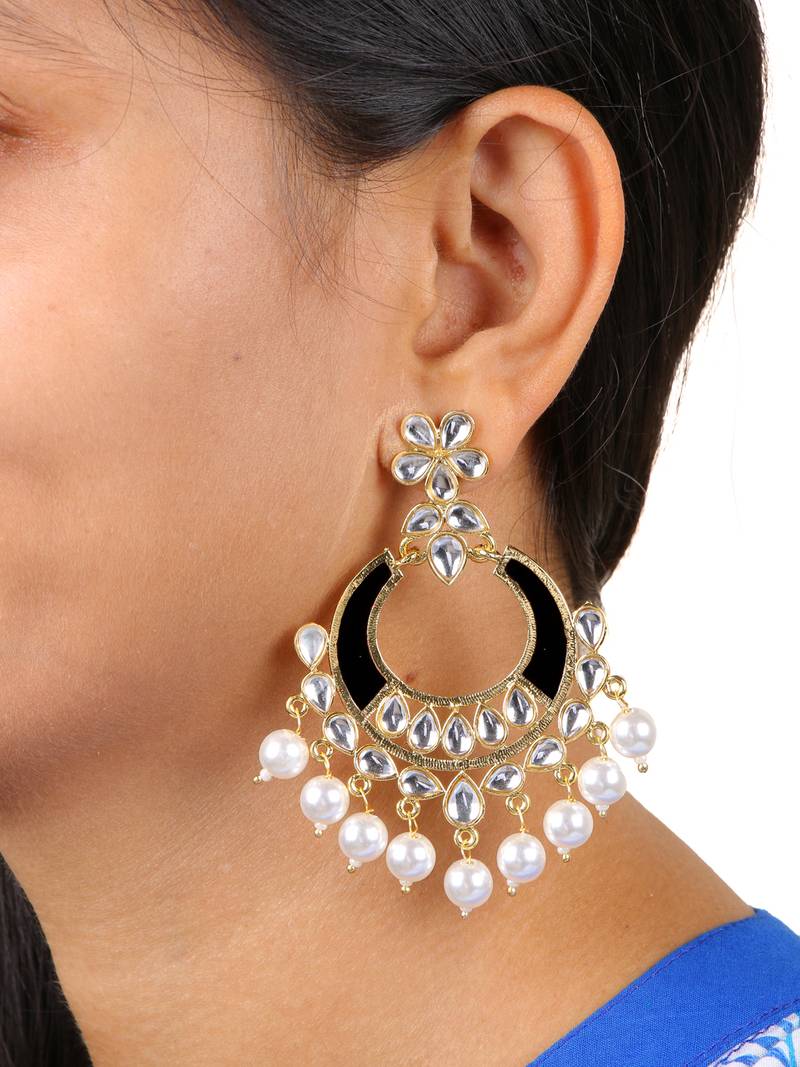 Classic Filigree Floral Chaand Bali 18K Gold Plated Black Enamel Kundan Pearl Earring Girl Women