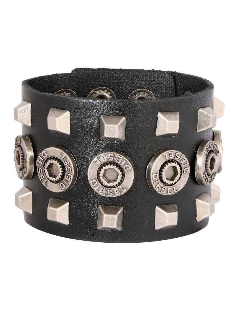 Hexagon Diesel Funky 100% Genuine Handcrafted Rhodium Black Adjustable Leather Bracelet Boys