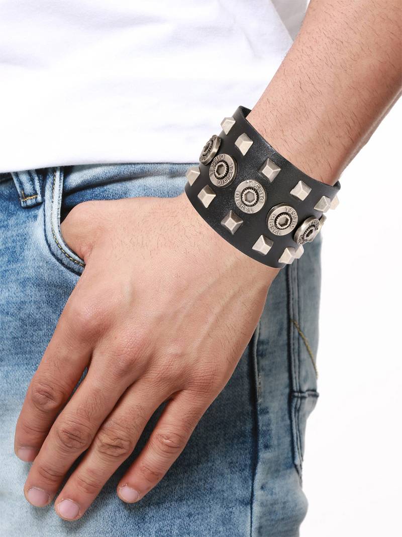 Hexagon Diesel Funky 100% Genuine Handcrafted Rhodium Black Adjustable Leather Bracelet Boys