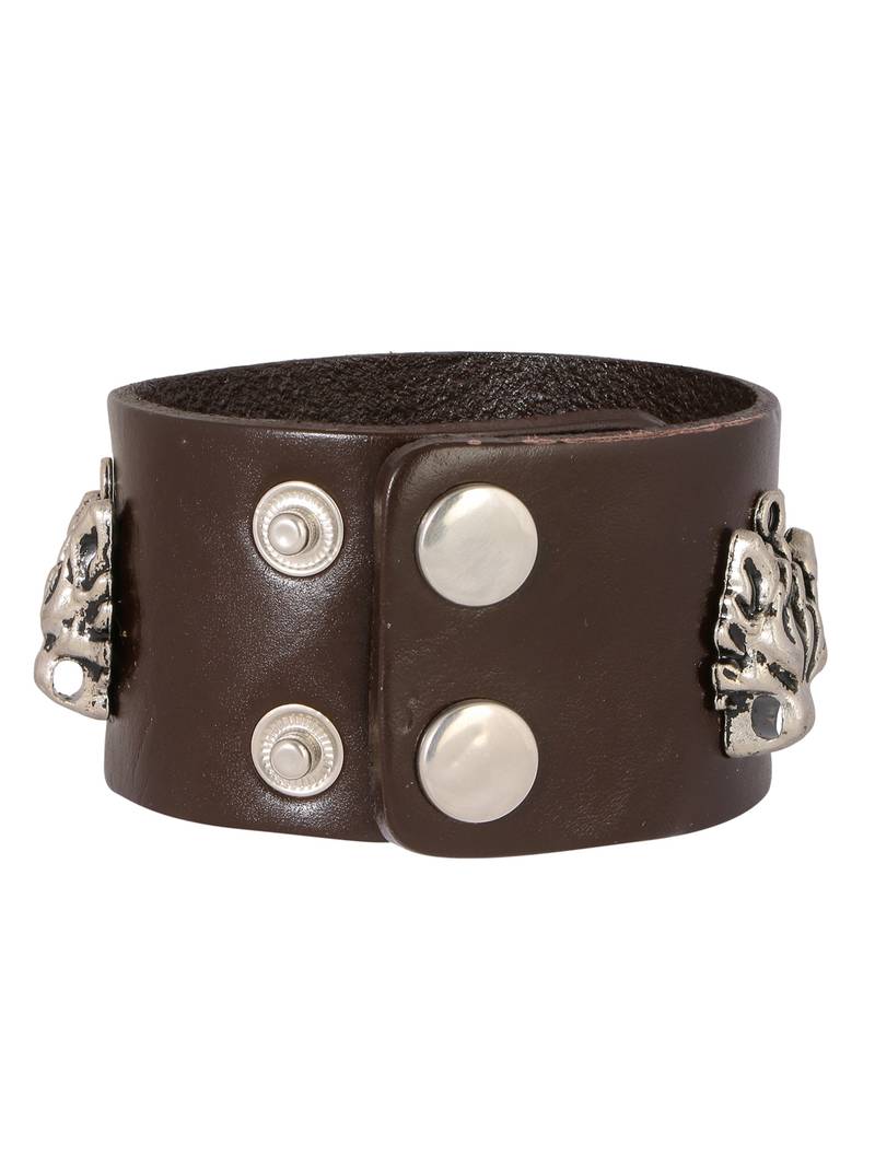 Tiger Head Funky 100% Genuine Handcrafted Rhodium Chocolate Brown Adjustable Leather Bracelet Boys