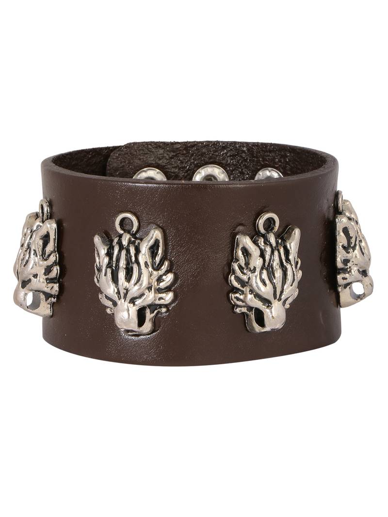 Tiger Head Funky 100% Genuine Handcrafted Rhodium Chocolate Brown Adjustable Leather Bracelet Boys