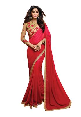 Dark pink plain georgette saree with blouse 1