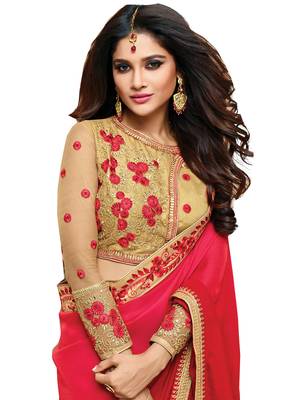 Dark pink plain georgette saree with blouse 2