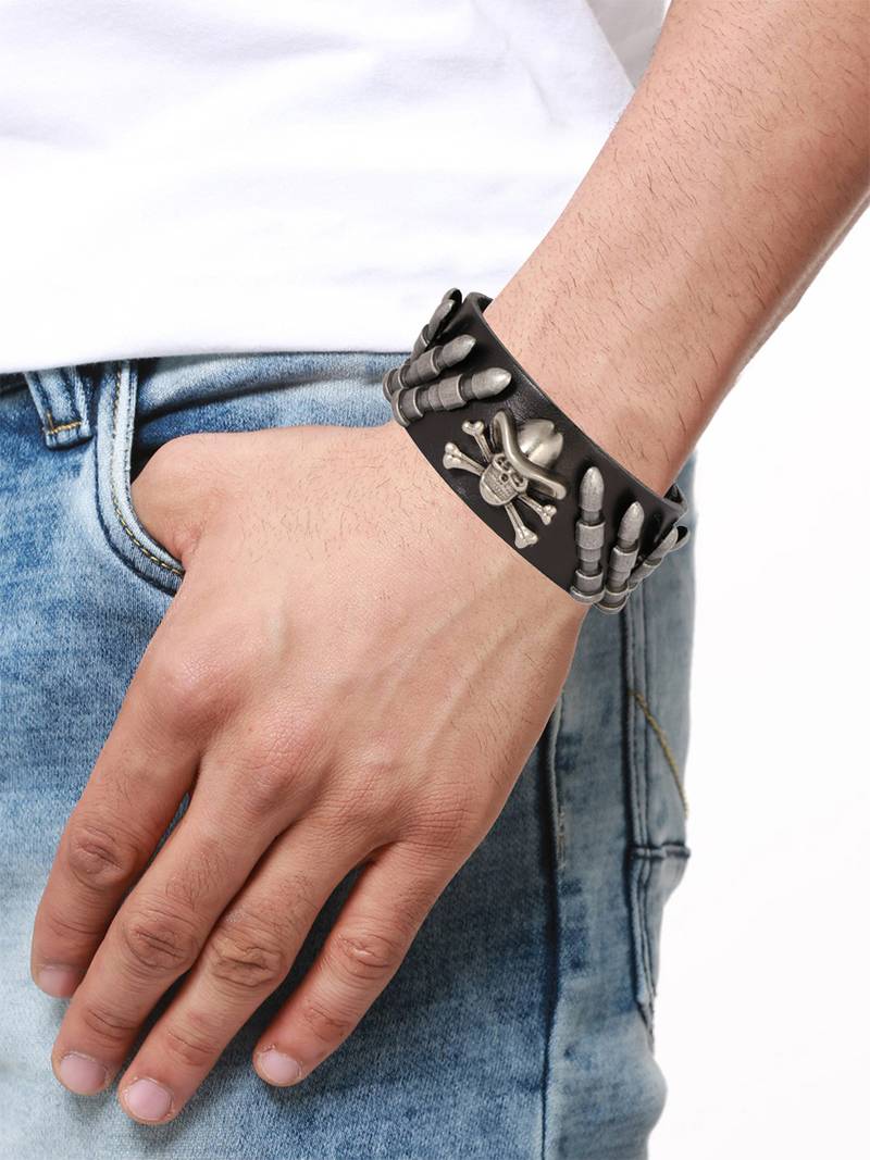 Bullet Danger Shape Funky 100% Genuine Handcrafted Rhodium Black Adjustable Leather Bracelet Boys