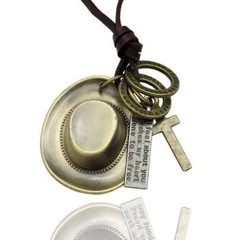 Hip Hop Punk Cowboy  Cap Cross Bronze Vintage Leather Brass Pendant Chain Necklace Men Boys 1