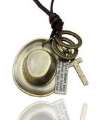 Hip Hop Punk Cowboy  Cap Cross Bronze Vintage Leather Brass Pendant Chain Necklace Men Boys