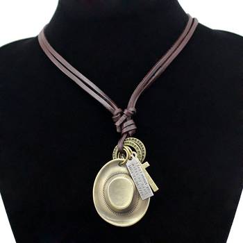 Hip Hop Punk Cowboy  Cap Cross Bronze Vintage Leather Brass Pendant Chain Necklace Men Boys 2