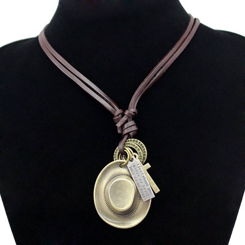 Hip Hop Punk Cowboy  Cap Cross Bronze Vintage Leather Brass Pendant Chain Necklace Men Boys