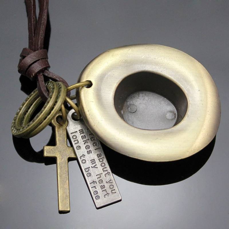 Hip Hop Punk Cowboy  Cap Cross Bronze Vintage Leather Brass Pendant Chain Necklace Men Boys