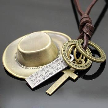 Hip Hop Punk Cowboy  Cap Cross Bronze Vintage Leather Brass Pendant Chain Necklace Men Boys 4