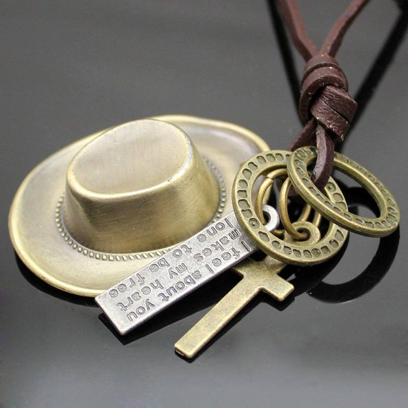 Hip Hop Punk Cowboy  Cap Cross Bronze Vintage Leather Brass Pendant Chain Necklace Men Boys
