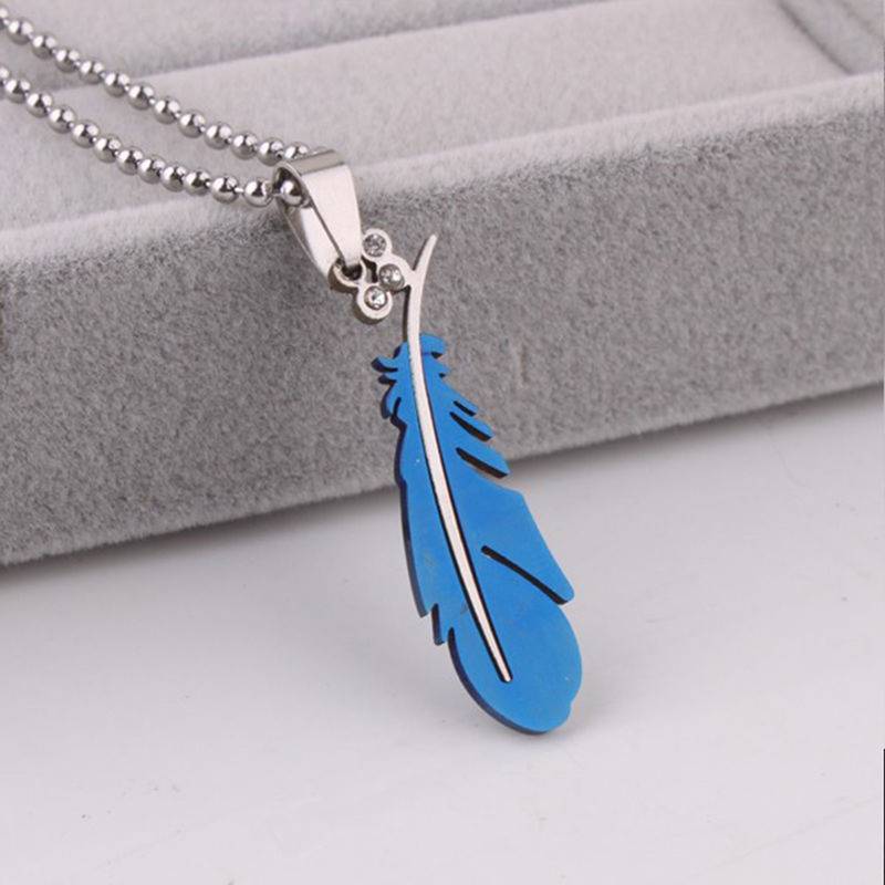 Birds Feather Rhodium Plated CZ Stainless Steel Blue Pendant Chain Necklace Men Boys
