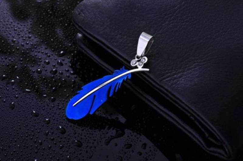 Birds Feather Rhodium Plated CZ Stainless Steel Blue Pendant Chain Necklace Men Boys