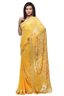 Yellow embroidered georgette saree with blouse 1