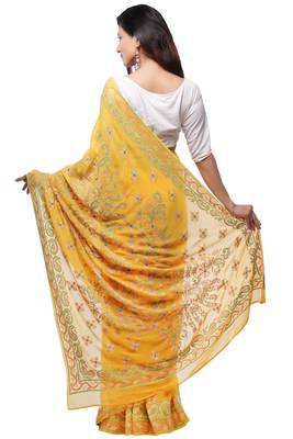 Yellow embroidered georgette saree with blouse 2