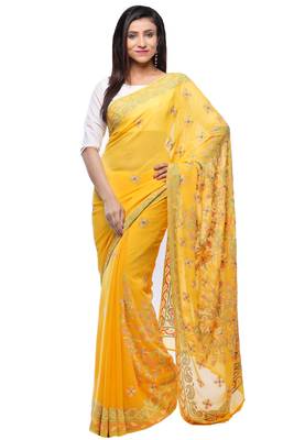 Yellow embroidered georgette saree with blouse 3
