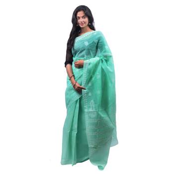 Sea green embroidered georgette saree with blouse 1