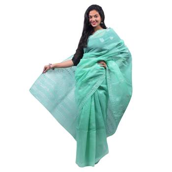 Sea green embroidered georgette saree with blouse 2