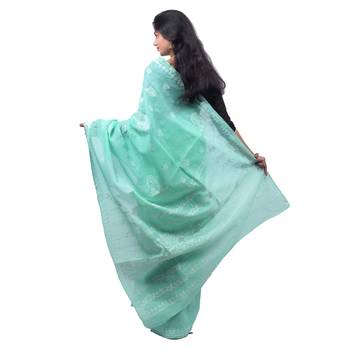 Sea green embroidered georgette saree with blouse 3