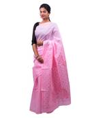 Baby pink embroidered georgette saree with blouse