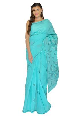 Sea green embroidered georgette saree with blouse 1