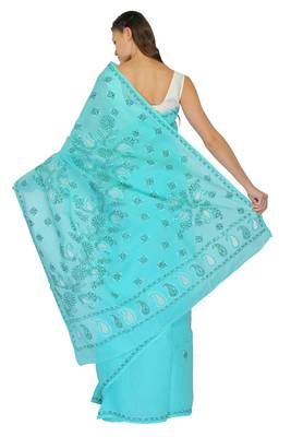 Sea green embroidered georgette saree with blouse 3
